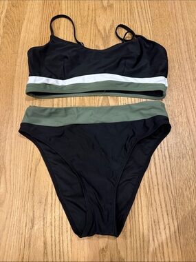 Cupshe Black Bikini Set with Olive Green and White Trim